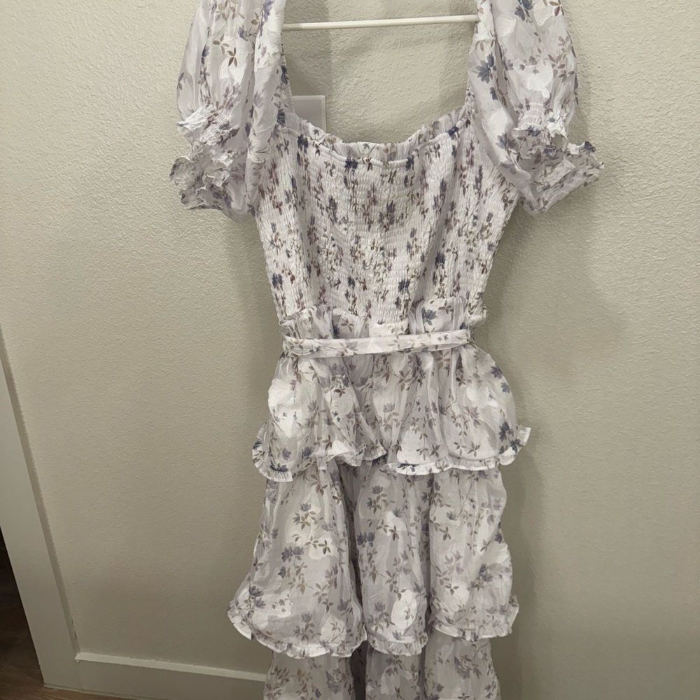 Lulus White Floral Ruffle Dress with Puff Sleeves